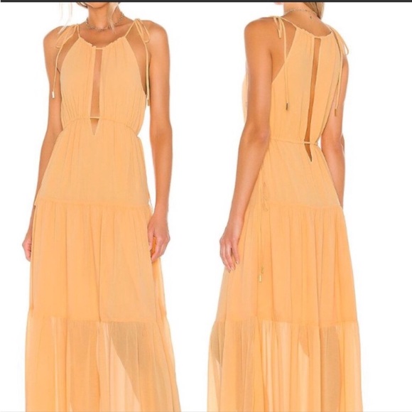 Lovers+Friends] Deep slits Drawstring neck line&waist Crepe Maxi Dress Tangerine - Picture 2 of 16